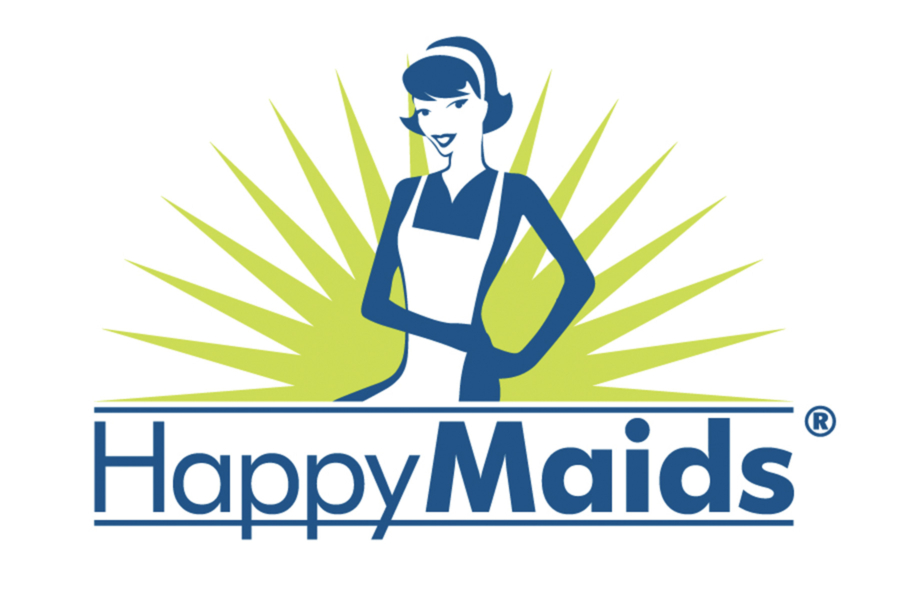 HappyMaids Logo mit stilisierter Haushälterin in Schürze vor grünem Sonnensymbol und blauem Schriftzug
