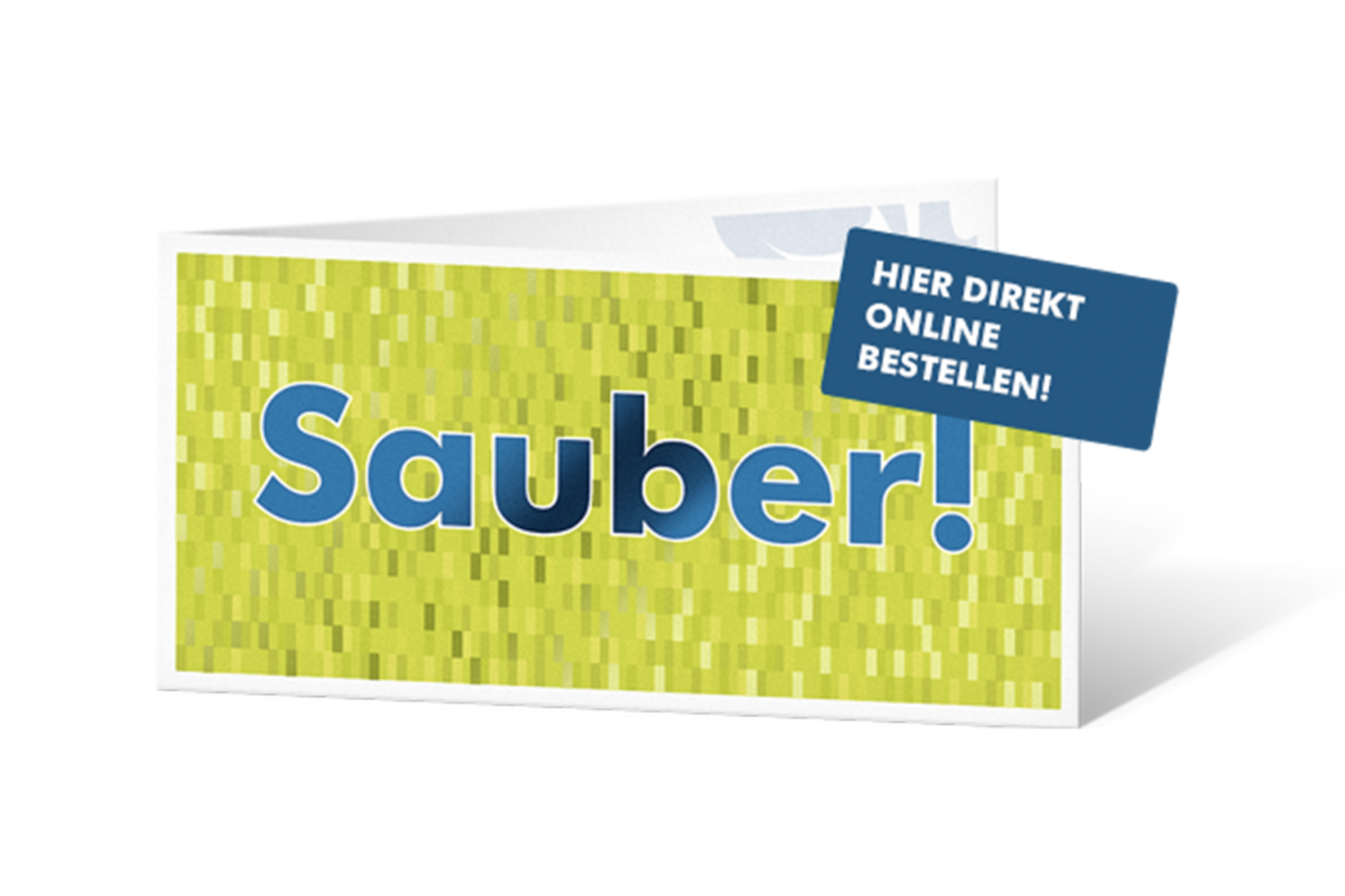 HappyMaids Putzgutschein Klappkarte grün mit großem Schriftzug Sauber und blauer Bestell‑Marke