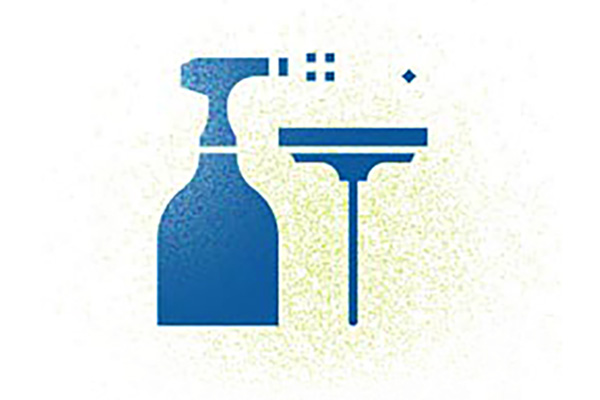 Blaues Icon mit Sprühflasche und Fensterwischer als Reinigungsmittel-Symbol