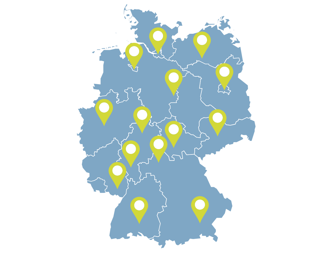 Deutschlandkarte mit markierten HappyMaid-Standorten, blauer Bundesländerumriss und gelbgrüne Standortmarker